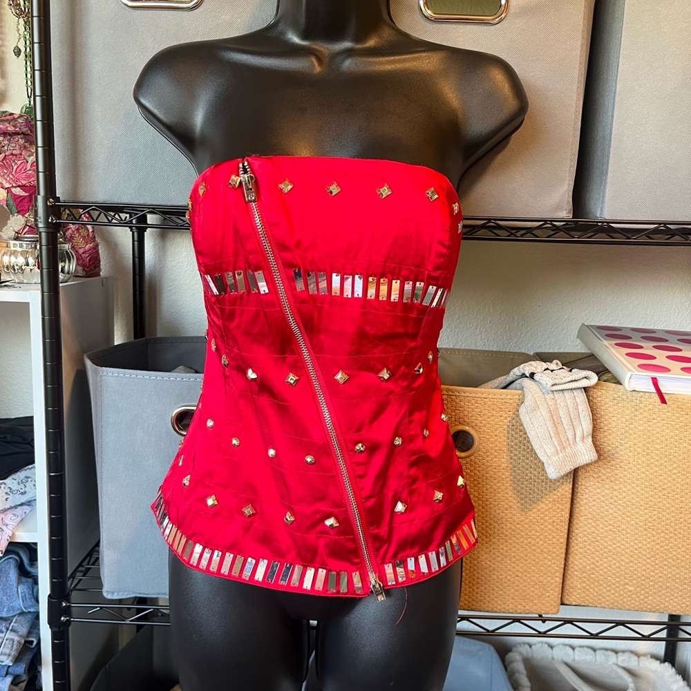 bebe Red Strapless Studded Corset Top